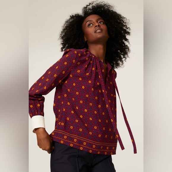 $700 Wales Bonner Madras Gathered Blouse RTR red v-neck long sleeve work blue - Picture 3 of 9